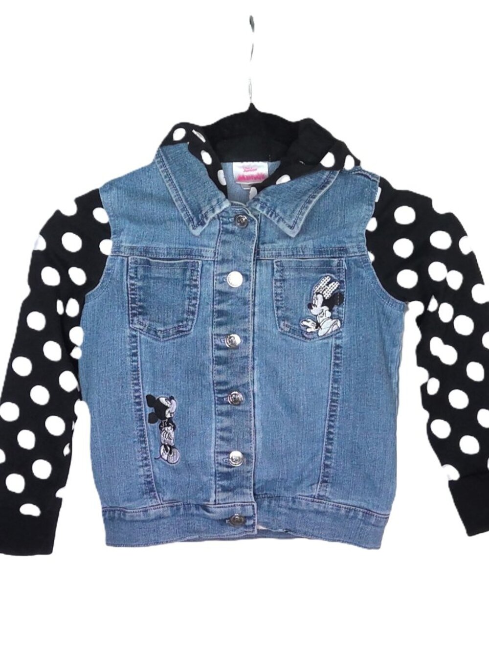 Disney Jr Mickey & Minnie Mouse Denim Hoodie Jacket Polka Dots & Embroidery 5
